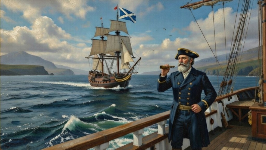 An Ai generated image of a sailing ship's first mate looking forward off the ship's deck as though he is trying to find something.